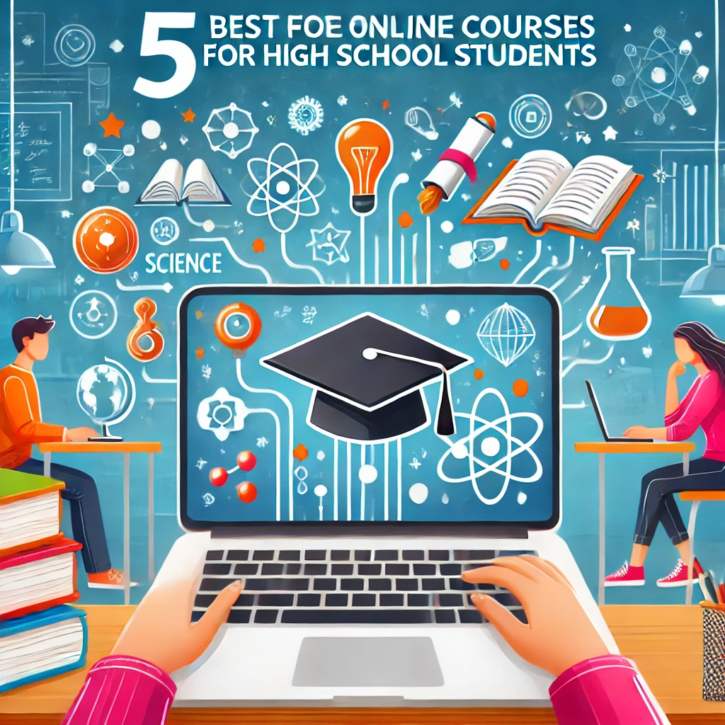 Featured image showcasing a laptop screen with educational icons and high school students studying online, promoting 5 best platforms for free online courses for high school students.