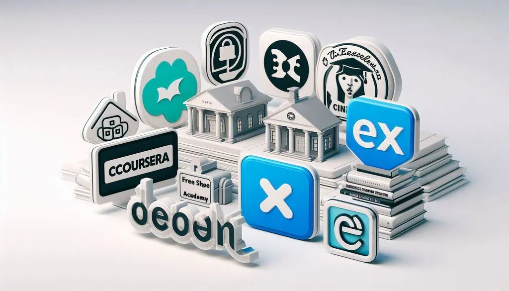 A collection of logos from popular online learning platforms like Coursera, Khan Academy, and edX.