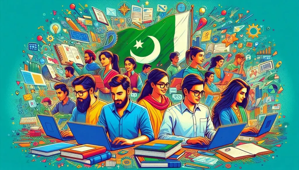 Pakistani students using laptops and tablets for free online courses for matric students, surrounded by educational elements like books and mathematical symbols.