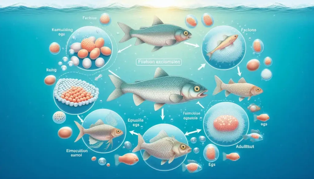 Careers in biology - Fish life cycle: A diagram showing the stages of fish development from eggs to adulthood. Focus on how fisheries use this knowledge to manage fish populations.