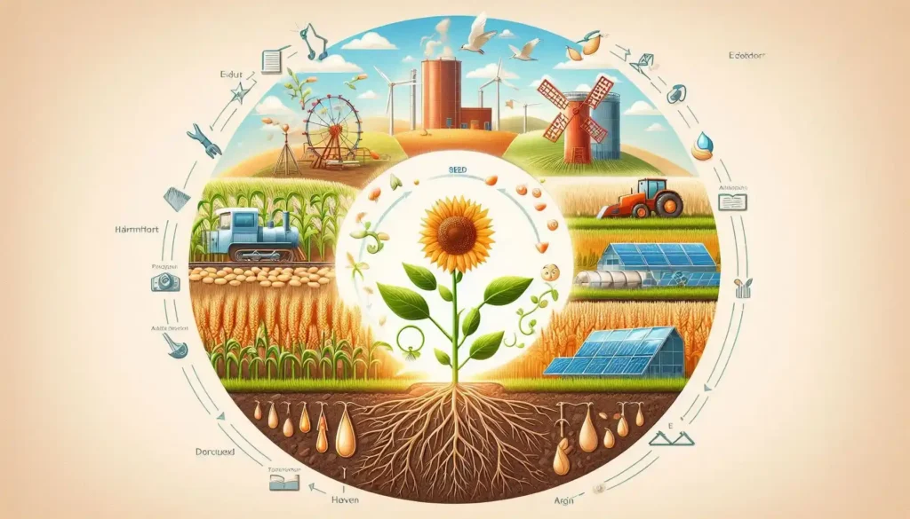 Diagram of the crop lifecycle with agricultural technology and tools, illustrating career opportunities in agricultural biology.