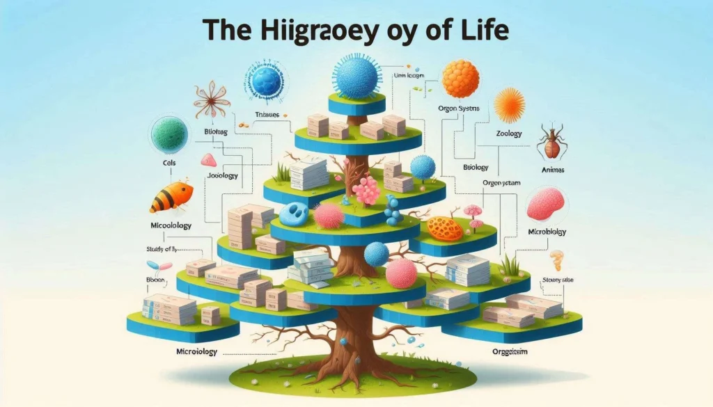 Illustration of the tree of life showcasing different levels of biological organization, including cells, tissues, organ systems, and organisms, along with various branches of biology like zoology, microbiology, and botany.