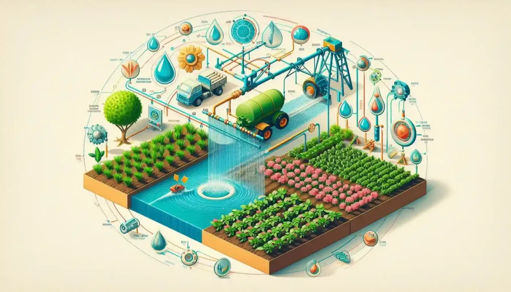  A diagram illustrating various irrigation techniques used to deliver water to crops, including drip irrigation, sprinkler irrigation, and flood irrigation.