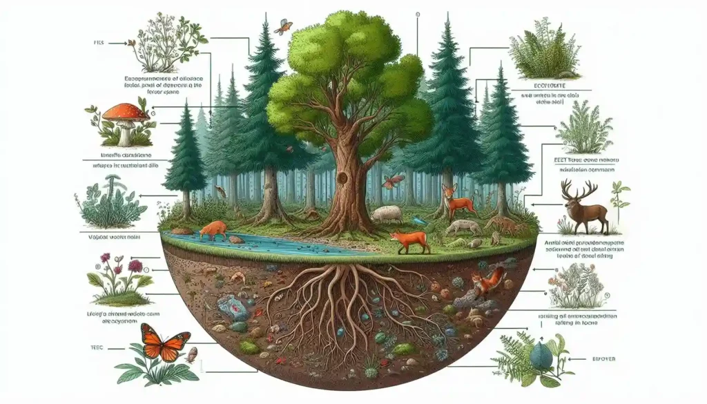 A diagram illustrating the interconnected components of a forest ecosystem, including trees, wildlife, and soil.