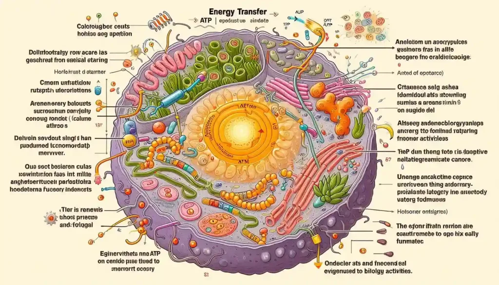 Detailed cellular diagram illustrating the linkage of biology with other fields of study, including biophysics, biochemistry, biostatistics, and bioeconomics, showing energy transfer and cellular structures.