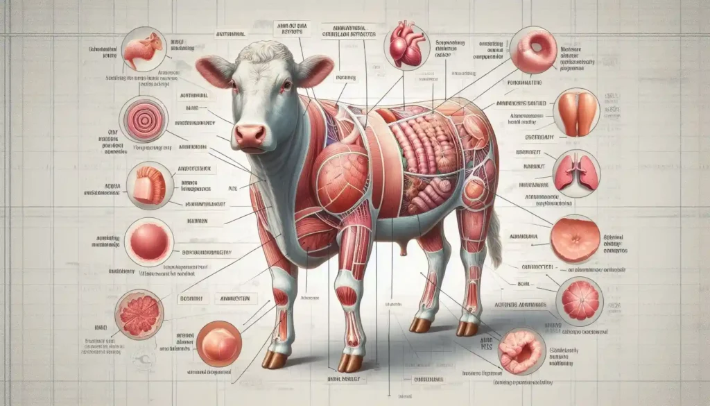 A detailed diagram illustrating the internal and external anatomy of livestock, with labels highlighting key organs and structures.