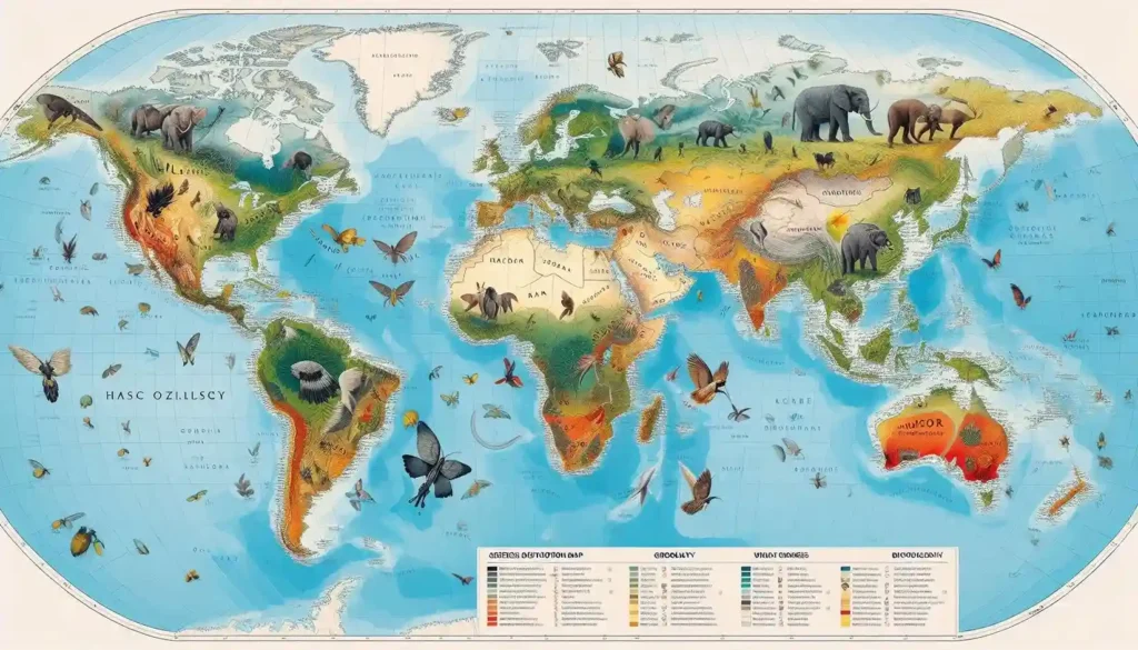 A map showing how different species are distributed across continents. Focus on how geography influences biodiversity.