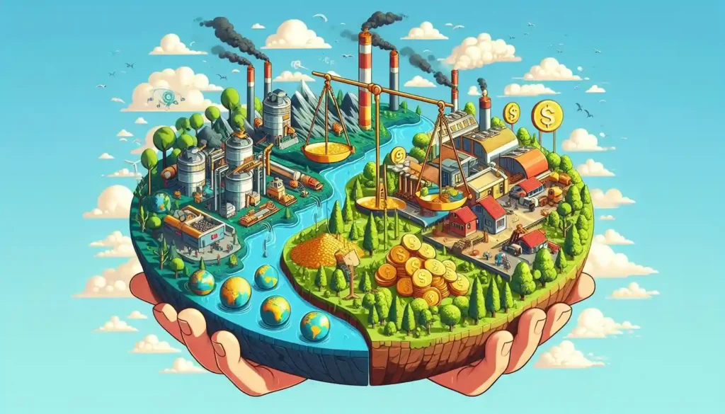 A diagram showing the balance between resource use and conservation. Focus on understanding the economic and environmental impact of resource exploitation.